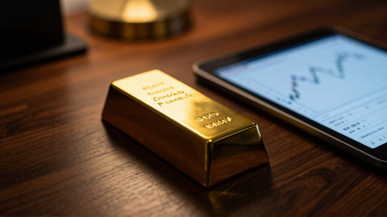 Un lingote de oro sobre un escritorio junto a una tableta que muestra un gráfico financiero de fluctuaciones de mercado.
