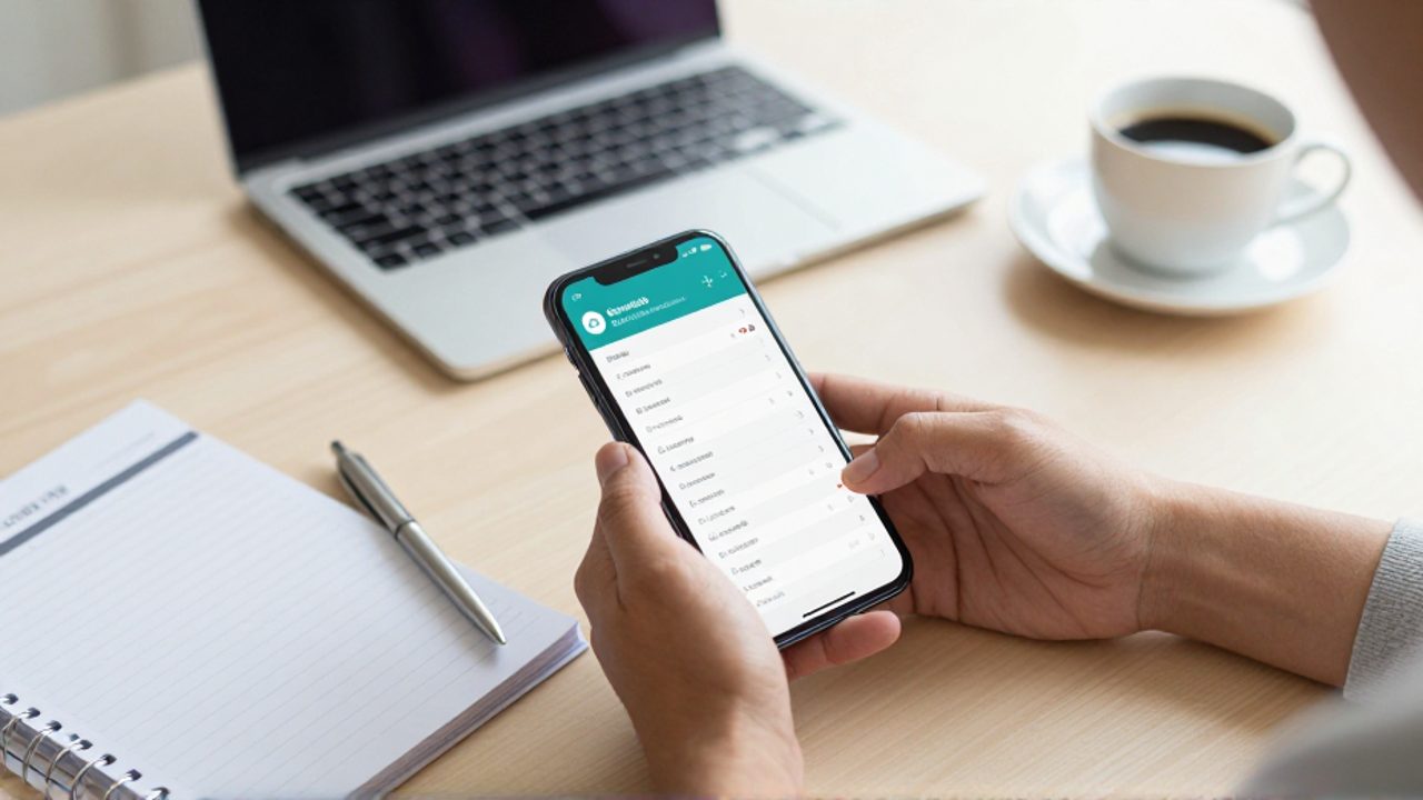 Manos de una persona revisando una lista de transacciones mensuales en una aplicación bancaria desde un teléfono móvil sobre un escritorio organizado.