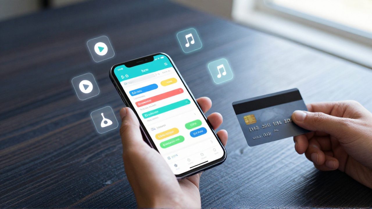 Una persona sostiene un smartphone con una aplicación bancaria y una tarjeta de crédito sobre un escritorio, rodeada de iconos flotantes de servicios de streaming.