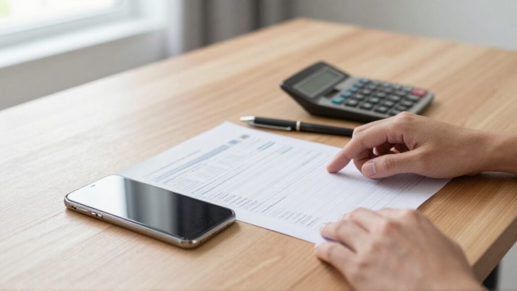 Manos de una persona revisando un extracto bancario con iconos de suscripciones junto a un smartphone y una calculadora sobre un escritorio.