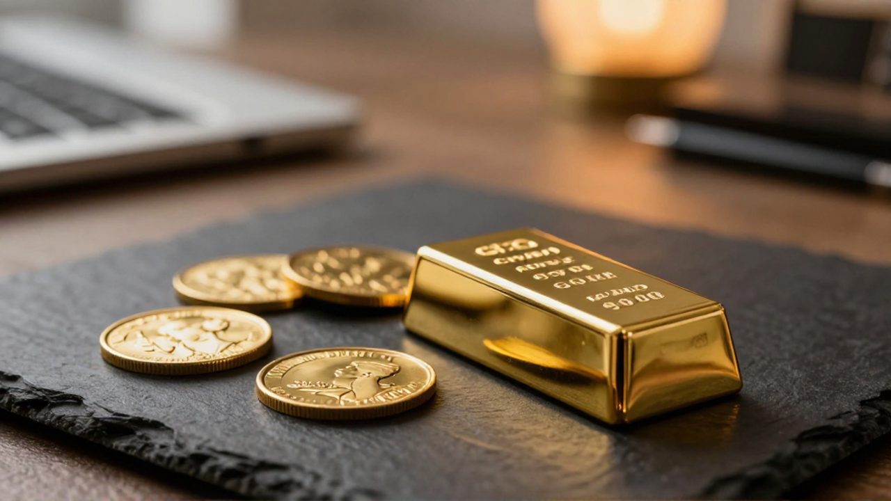 Un pequeño lingote de oro junto a varias monedas de inversión con relieves detallados sobre una superficie oscura.
