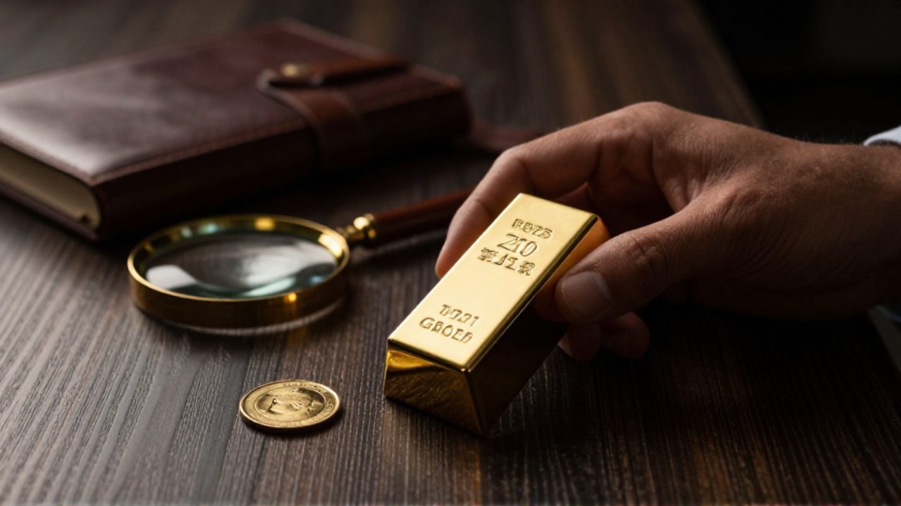 Unas manos inspeccionan con cuidado un lingote pequeño y una moneda de oro sobre un escritorio de madera.