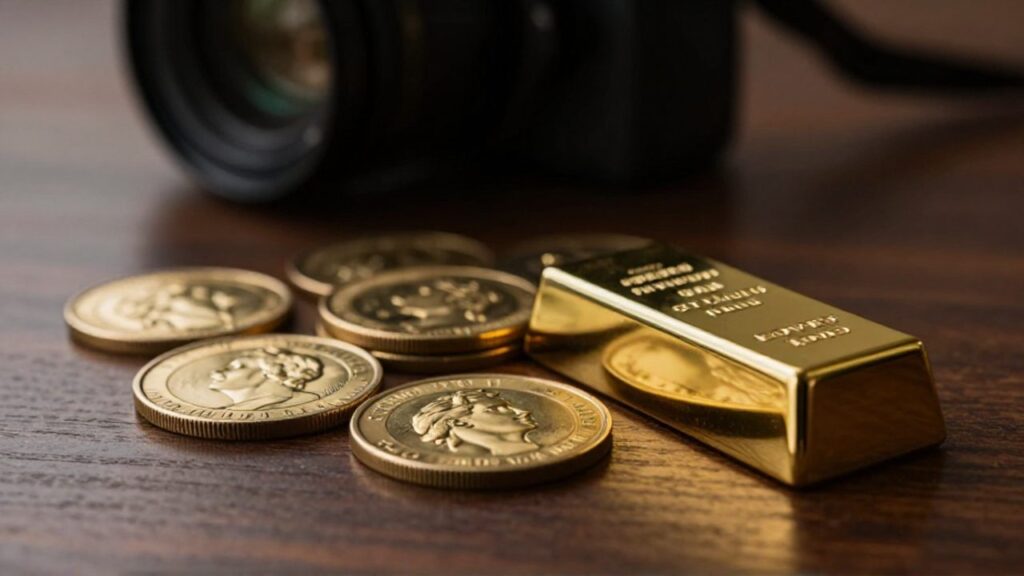 Varias monedas de oro con relieves detallados y un pequeño lingote reposan sobre una superficie de madera oscura.