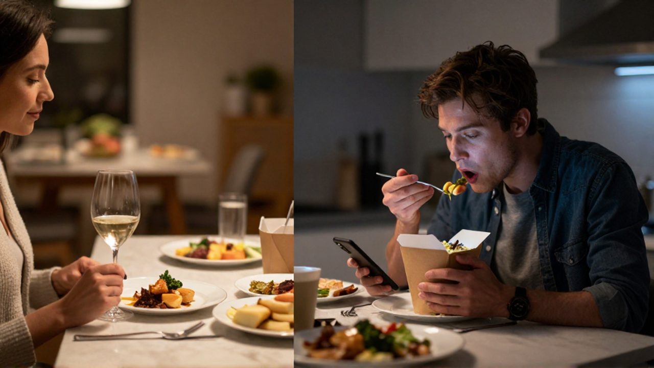 Comparación entre una cena social planificada en un restaurante con iluminación cálida y una comida rápida de entrega a domicilio consumida apresuradamente en una cocina a oscuras.
