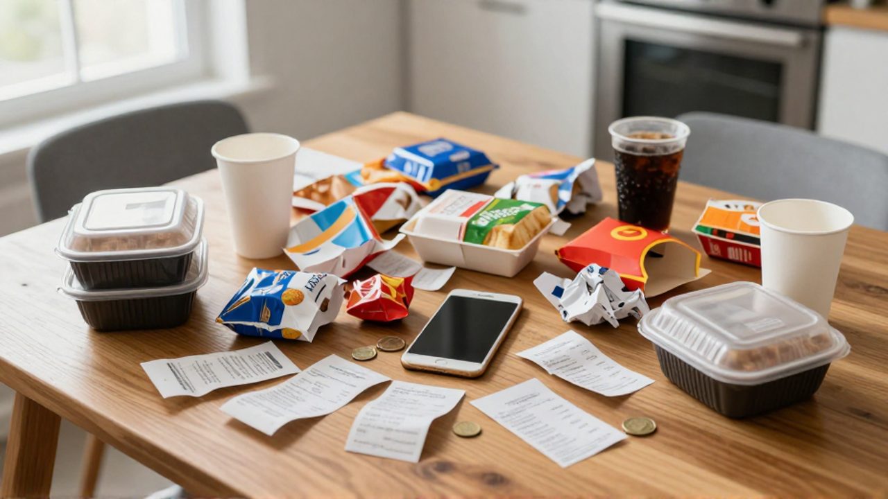 Envases de comida para llevar, envoltorios de comida rápida y recibos desorganizados sobre una mesa de madera junto a un teléfono móvil.