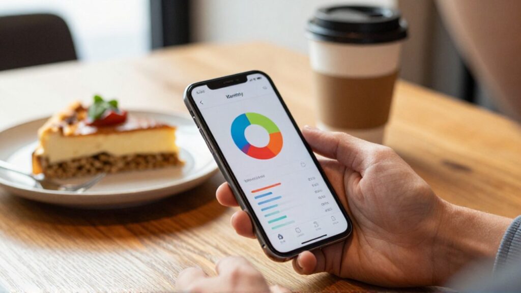 Mano de una persona sosteniendo un smartphone con un gráfico de gastos mensuales junto a una comida y un café en una mesa de restaurante.