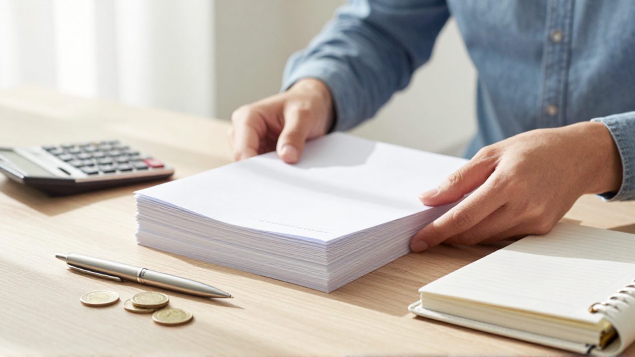 Manos organizando documentos, un planificador y monedas sobre un escritorio de madera, simbolizando la planificación de un plan financiero.