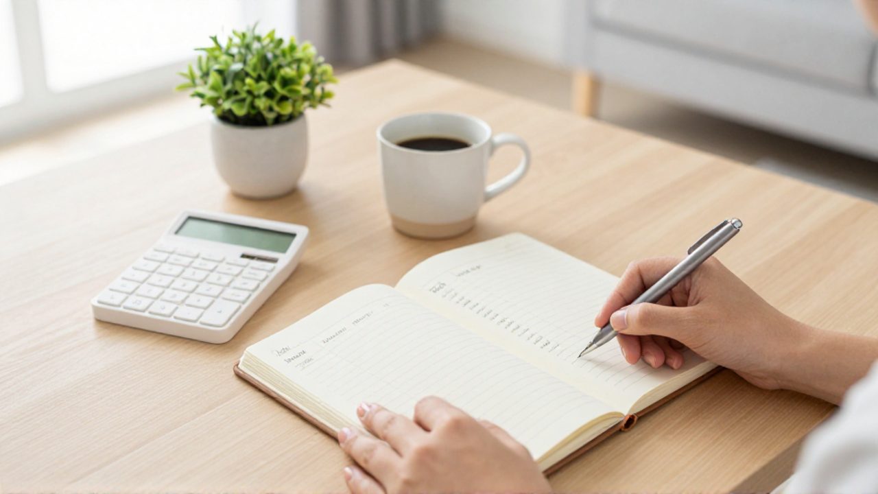Manos organizando un cuaderno con columnas de gastos sobre un escritorio de madera junto a una calculadora y una taza de café.