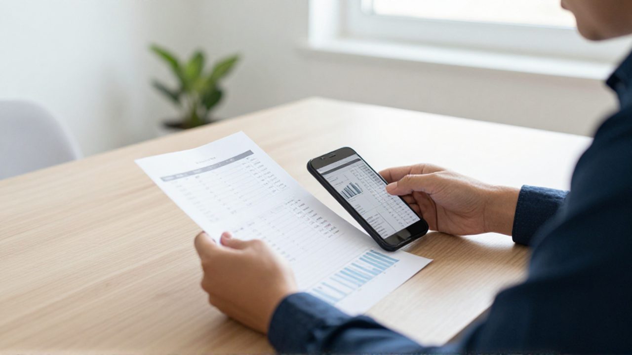 Persona analizando con atención un planificador financiero y gráficos de presupuesto en un smartphone sobre un escritorio.