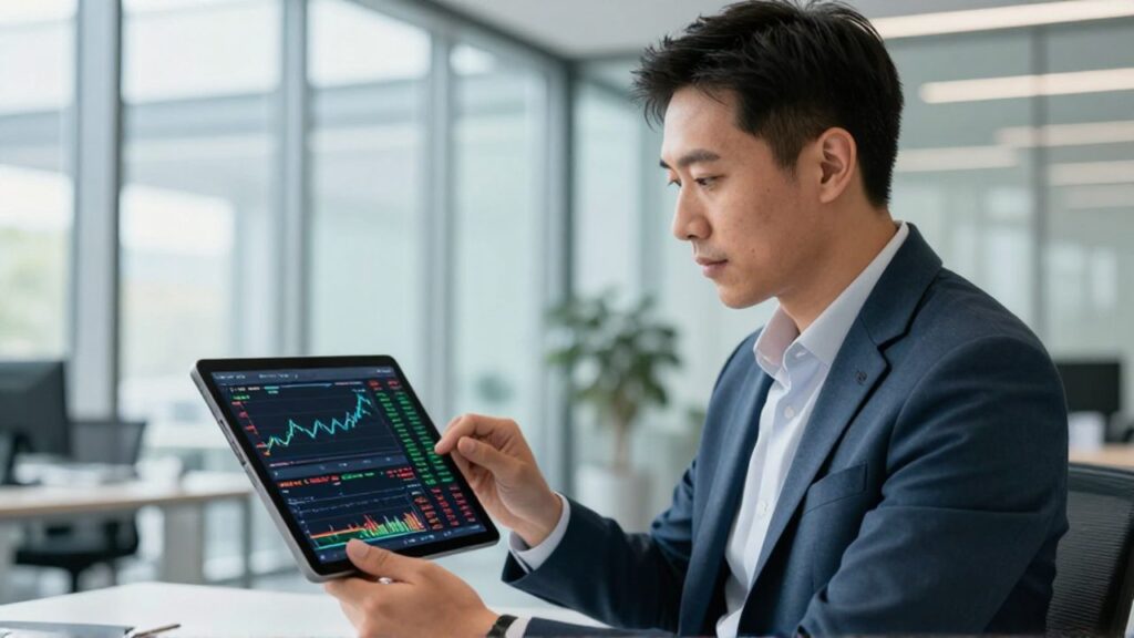 Analista financiero observa con atención gráficos de fluctuación del mercado bursátil en una tableta digital dentro de una oficina moderna.