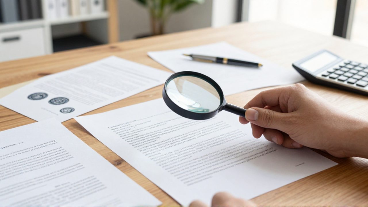 Una mano utiliza una lupa para revisar minuciosamente la letra pequeña de un contrato legal sobre un escritorio con documentos oficiales.