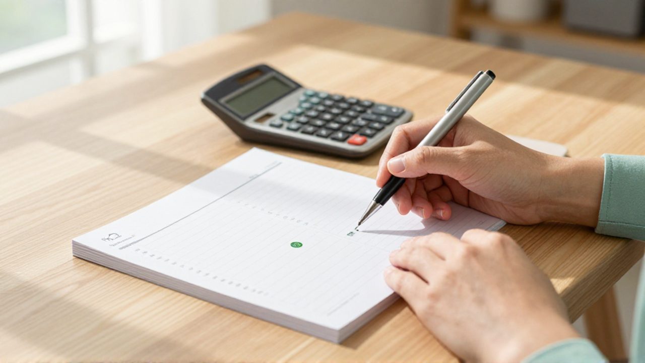 Persona escribiendo en un planificador sobre un escritorio de madera mientras clasifica gastos fijos y variables.