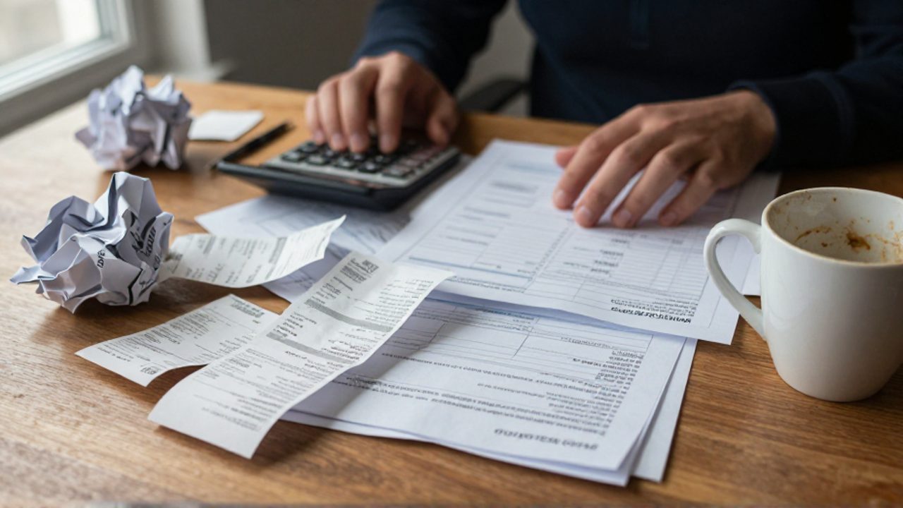 Manos de una persona sobre un escritorio desordenado con recibos arrugados, facturas sin pagar y una calculadora, transmitiendo una sensación de agobio financiero.
