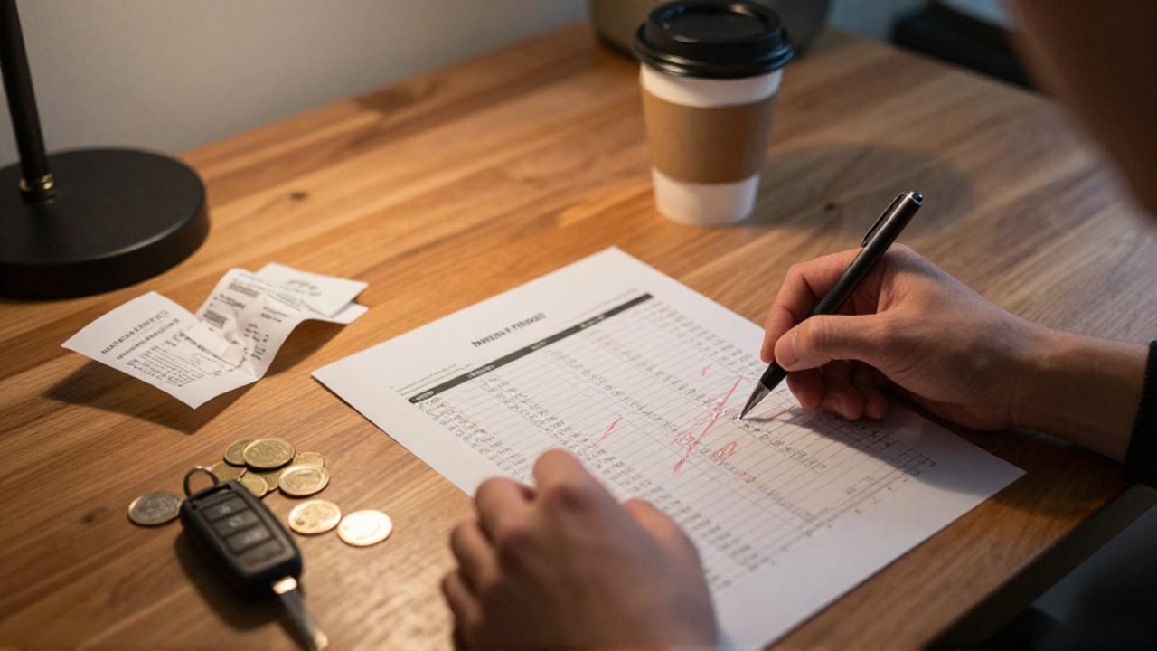Manos de una persona revisando un presupuesto mensual con correcciones en rojo sobre un escritorio lleno de recibos, monedas y un café.
