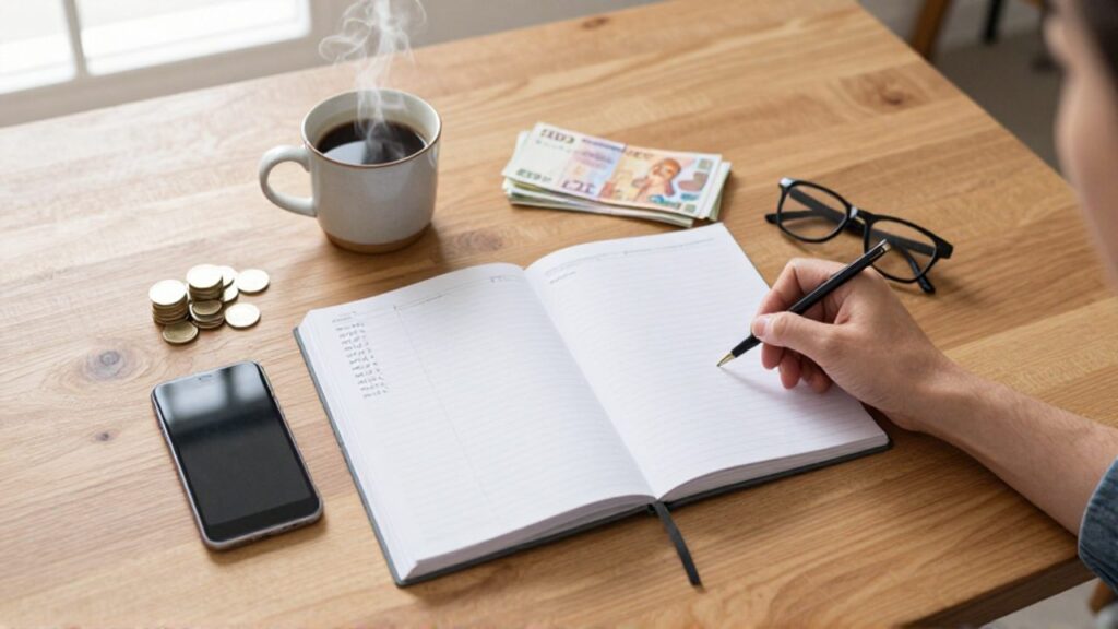 Persona planificando su presupuesto sobre una mesa de madera con una agenda, un teléfono móvil, monedas, billetes y una taza de café.