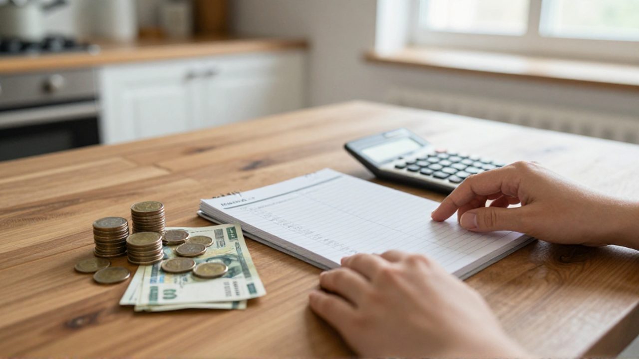 Manos organizando monedas, billetes y una calculadora sobre un cuaderno de cuentas en una mesa de madera.