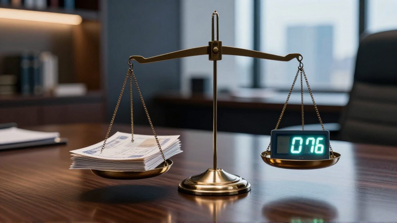 Una balanza de cristal sobre un escritorio equilibra una pila de certificados financieros y una pantalla digital con porcentajes crecientes para representar la relación inversa entre el precio y el rendimiento.