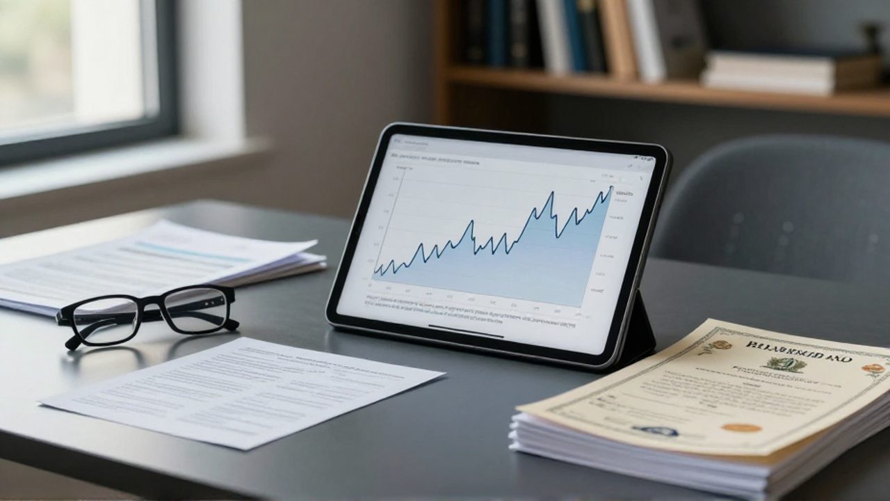 Una tableta digital muestra un gráfico con dos curvas en movimiento opuesto sobre un escritorio con certificados de bonos y gafas de lectura.