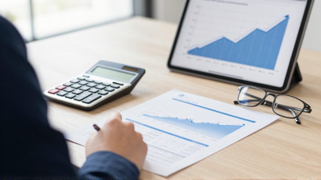 Un informe financiero impreso junto a una calculadora y gafas sobre un escritorio de madera, con una gráfica de tendencia ascendente en una tableta de fondo.