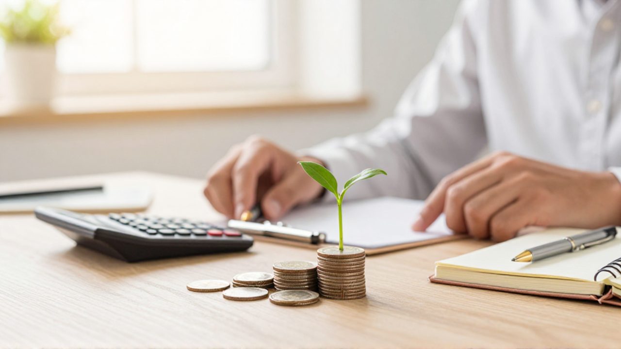 Un pequeño brote verde crece sobre una pila de monedas en un escritorio ordenado junto a una calculadora y un cuaderno, simbolizando el crecimiento financiero.