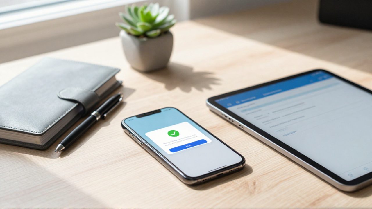 Smartphone y una tableta sobre un escritorio de madera muestran una notificación de pago automático exitoso con un icono de verificación verde.