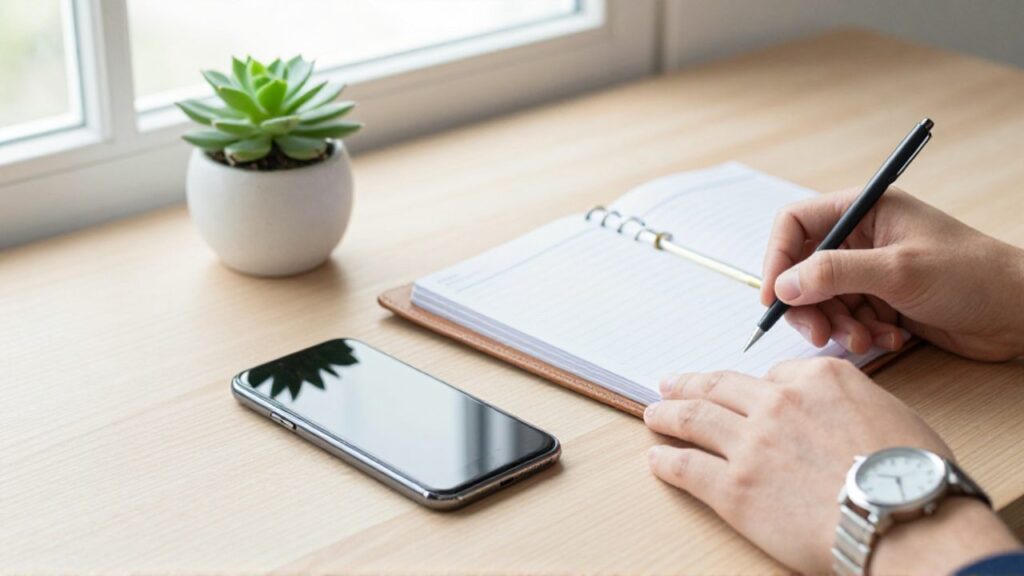 Smartphone, agenda de cuero y reloj sobre un escritorio de madera iluminado por la luz natural, transmitiendo orden y control financiero.
