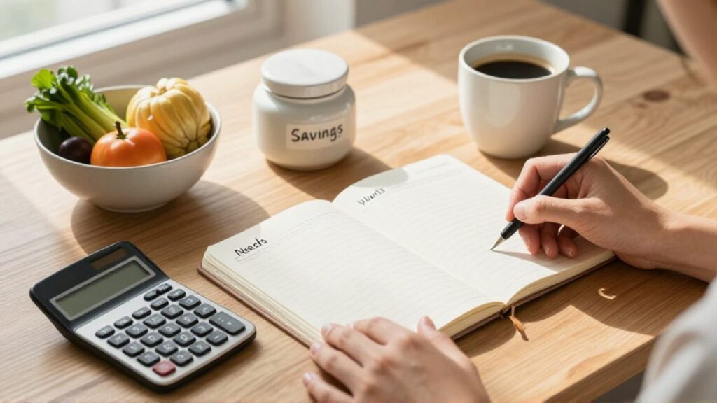 Manos organizando un cuaderno de planificación financiera con columnas de necesidades y deseos, junto a una calculadora, un bote de ahorro, alimentos y una taza de café sobre un escritorio de madera.