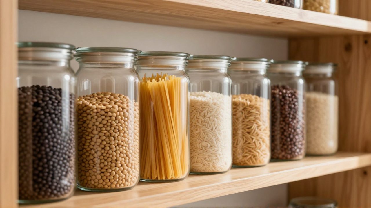 Frascos de vidrio transparentes con legumbres, pasta y arroz organizados ordenadamente en estantes de madera de una despensa luminosa.