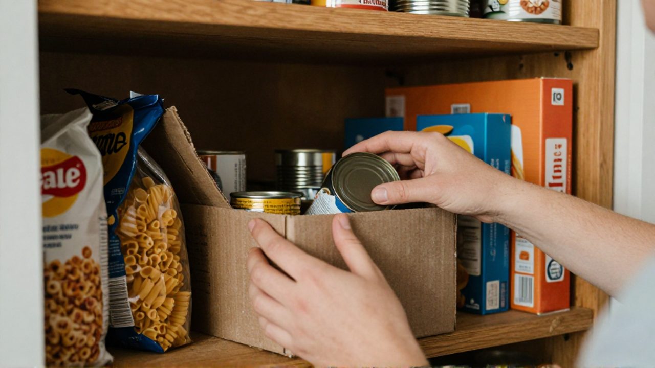 Manos revisando un estante de despensa desordenado donde se descubren latas caducadas y paquetes olvidados al fondo.