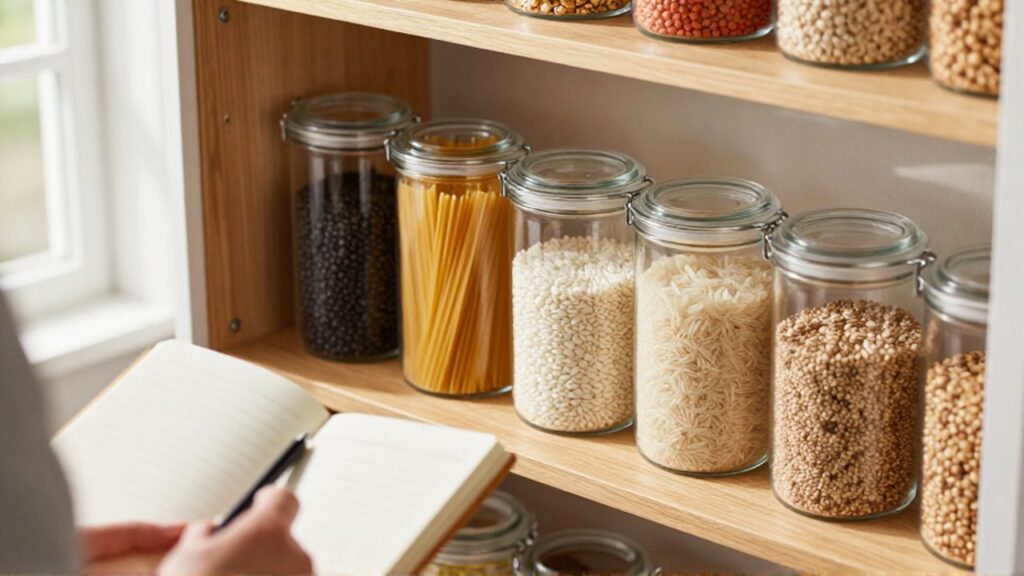 Frascos de vidrio con legumbres y cereales organizados en estantes de madera junto a una mano que sostiene una libreta para planificar la compra.