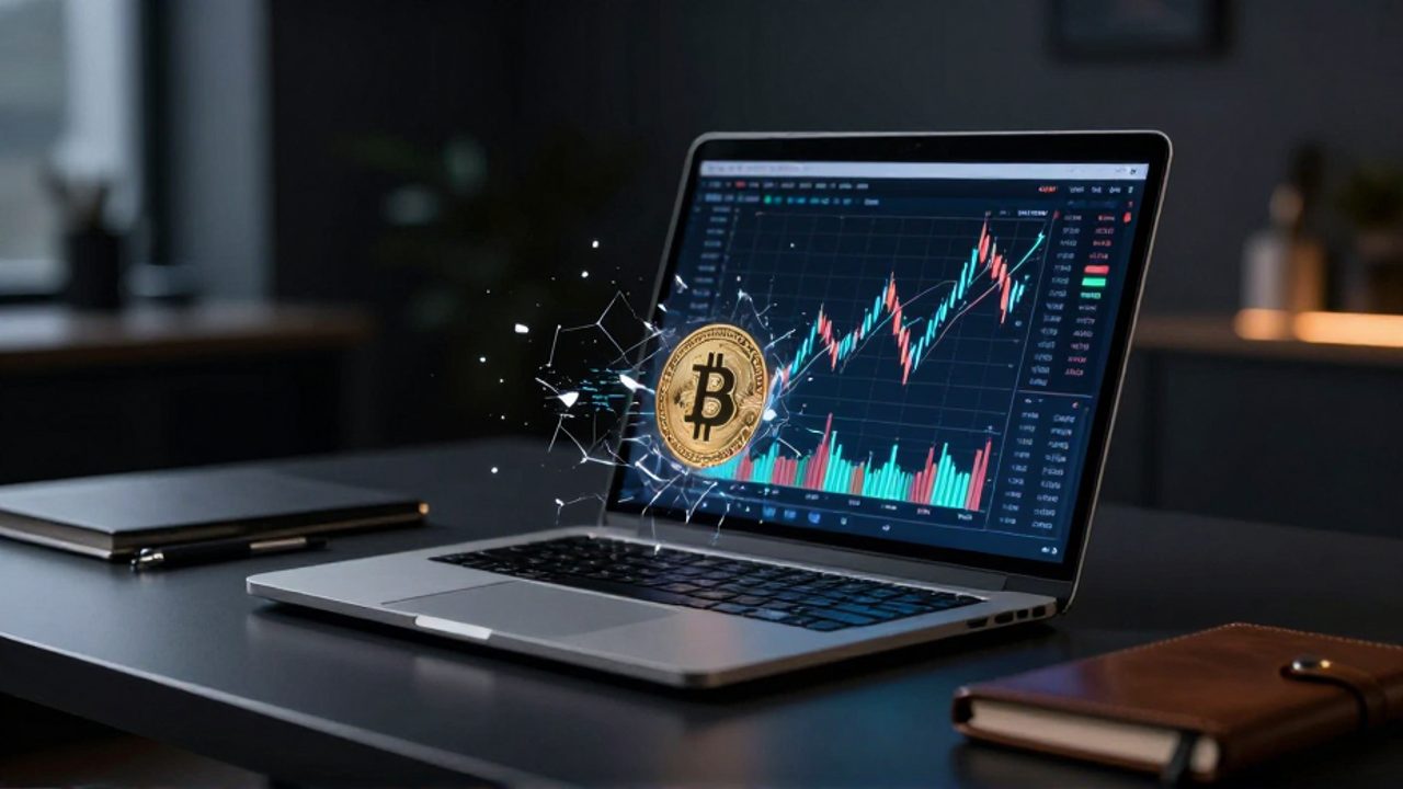 Un ordenador portátil sobre un escritorio minimalista muestra un gráfico financiero con un efecto de distorsión digital que simboliza la volatilidad y los riesgos del mercado de criptomonedas.