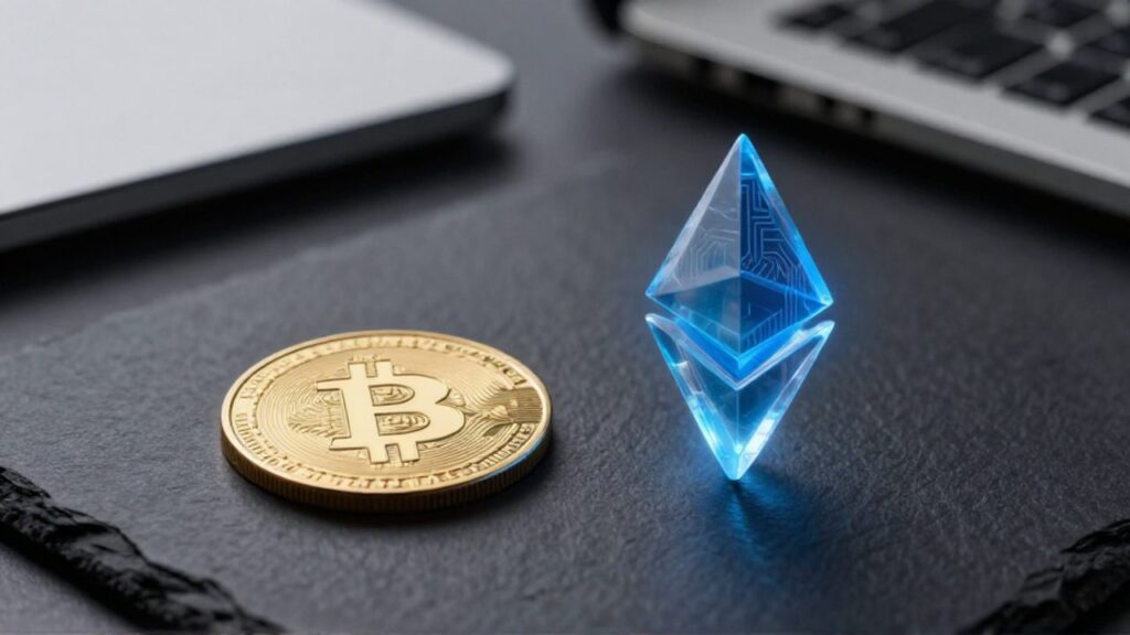 Una moneda dorada con el símbolo de Bitcoin junto a una estructura de cristal azul luminosa que representa a Ethereum sobre un escritorio oscuro.
