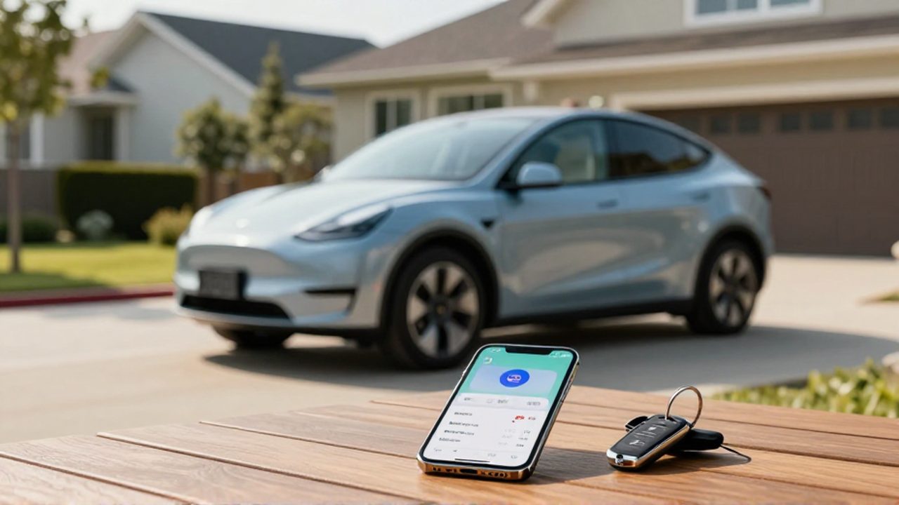 Un coche eléctrico aparcado en la entrada de una casa junto a un smartphone que muestra métricas de consumo de energía sobre una mesa de madera.