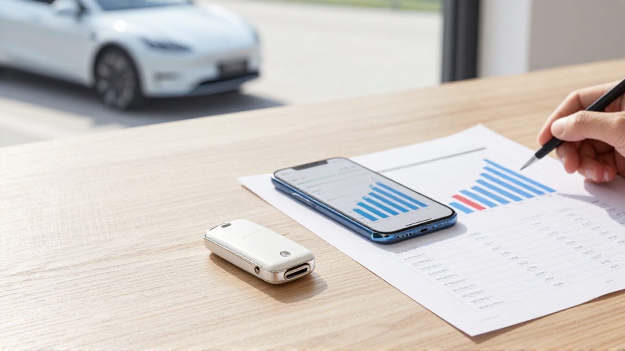 Llave de un coche eléctrico junto a un smartphone con un gráfico de crecimiento y hojas de cálculo sobre un escritorio de madera.