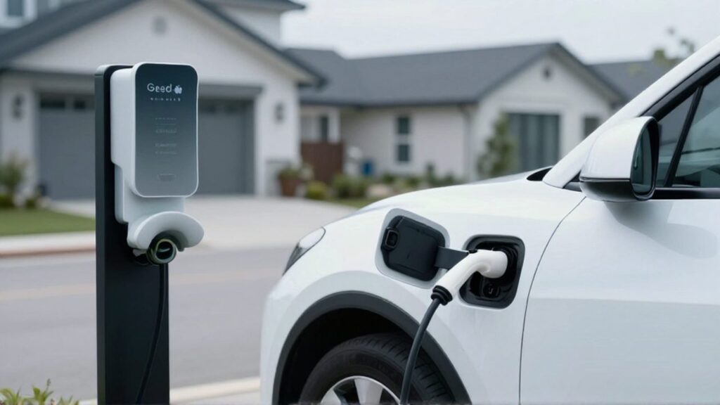 Coche eléctrico blanco conectado a un cargador inteligente en la entrada de una casa moderna.