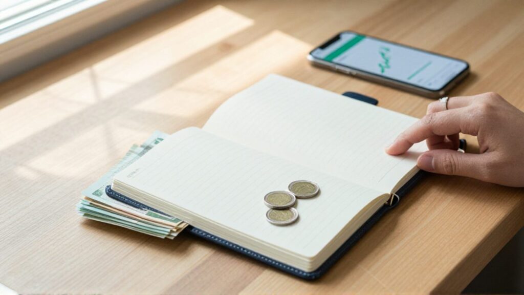 Persona organizando billetes y monedas junto a una agenda y un smartphone que muestra gráficos de crecimiento financiero sobre un escritorio de madera.