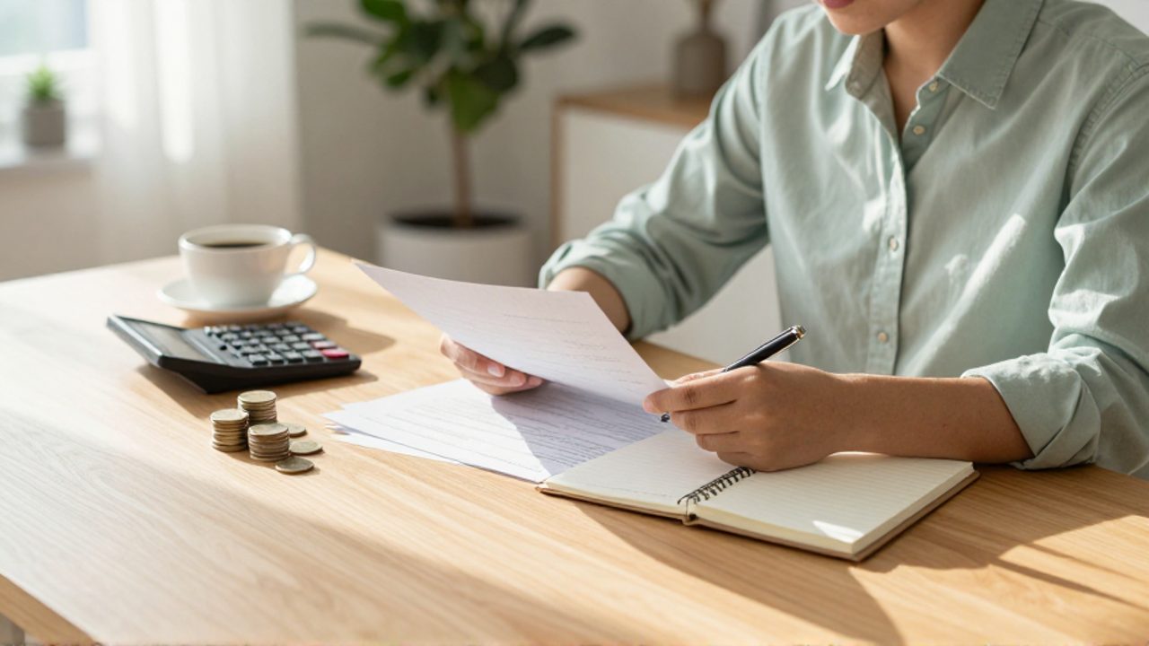 Persona sentada en un escritorio luminoso revisando documentos financieros y una libreta con calma.