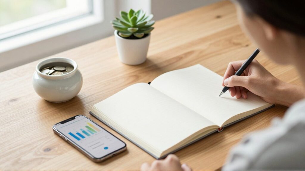 Escritorio organizado con un cuaderno abierto, un smartphone que muestra un gráfico de barras y un pequeño tarro de cerámicas para ahorrar.