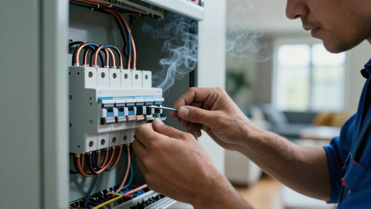 Manos de un electricista trabajando en un cuadro eléctrico con cables de cobre y un ligero rastro de humo que indica una avería urgente.