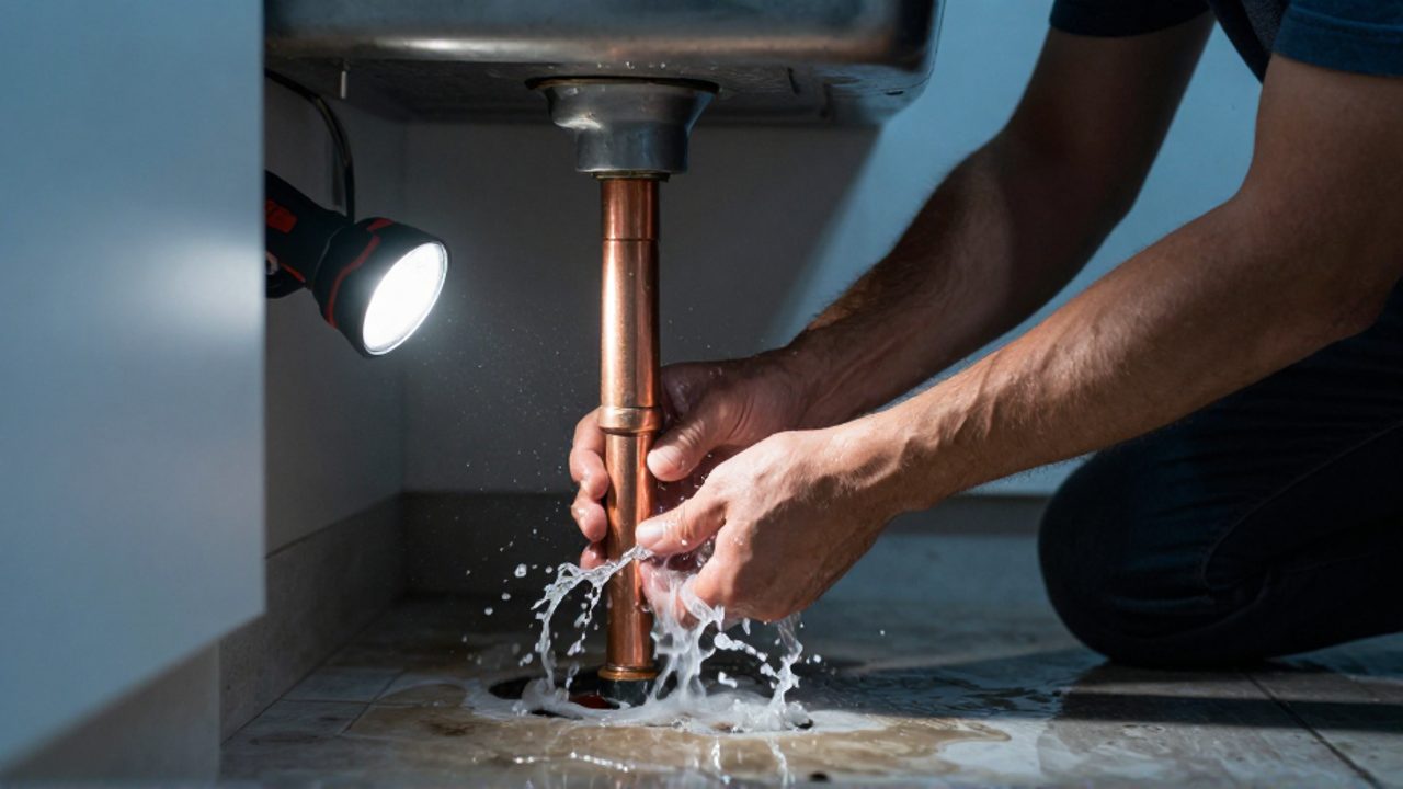 Manos de una persona intentando frenar una fuga de agua de una tubería rota bajo el fregadero de una cocina.