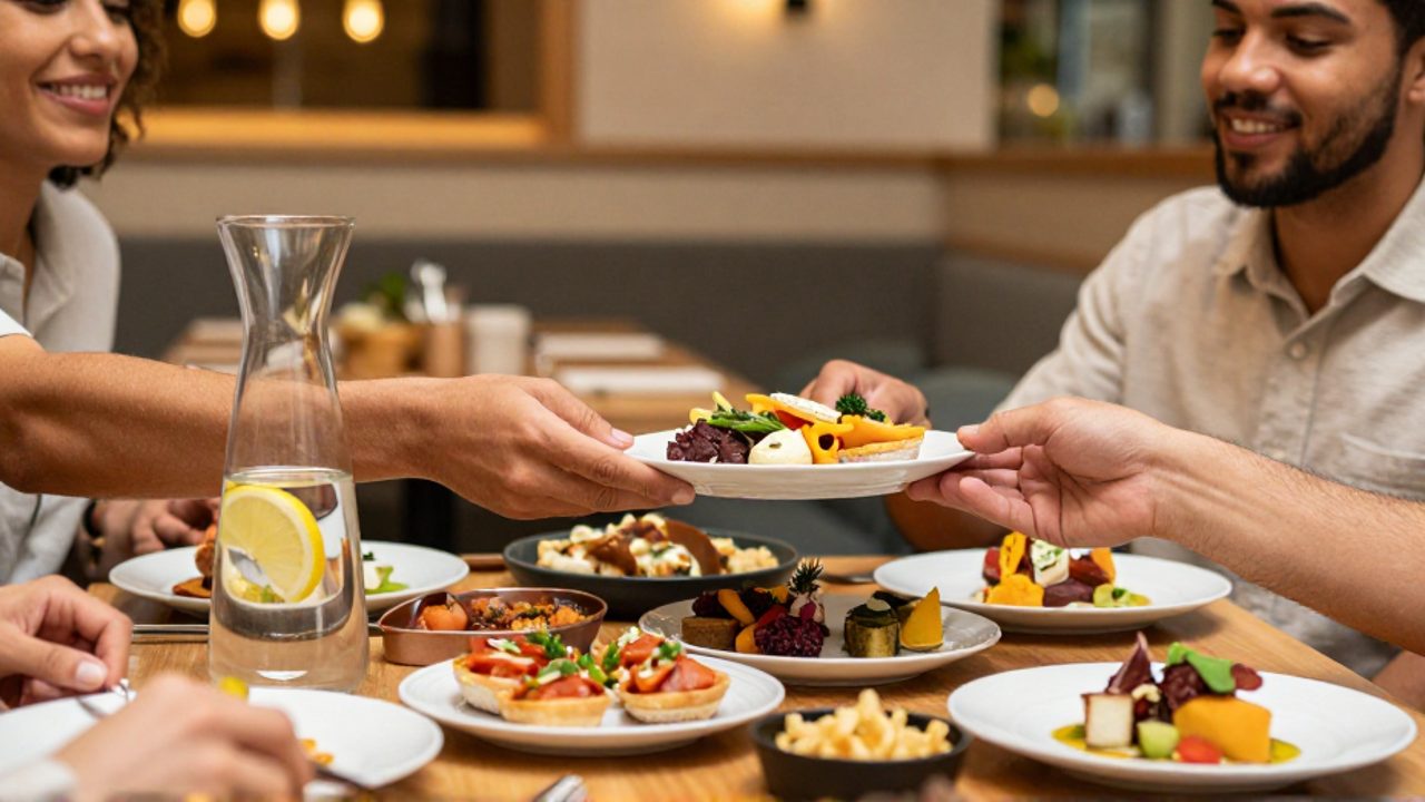 Un grupo de amigos comparte diversos platos de tapas en un restaurante acogedor, pasando un plato pequeño entre ellos para fomentar el consumo compartido.