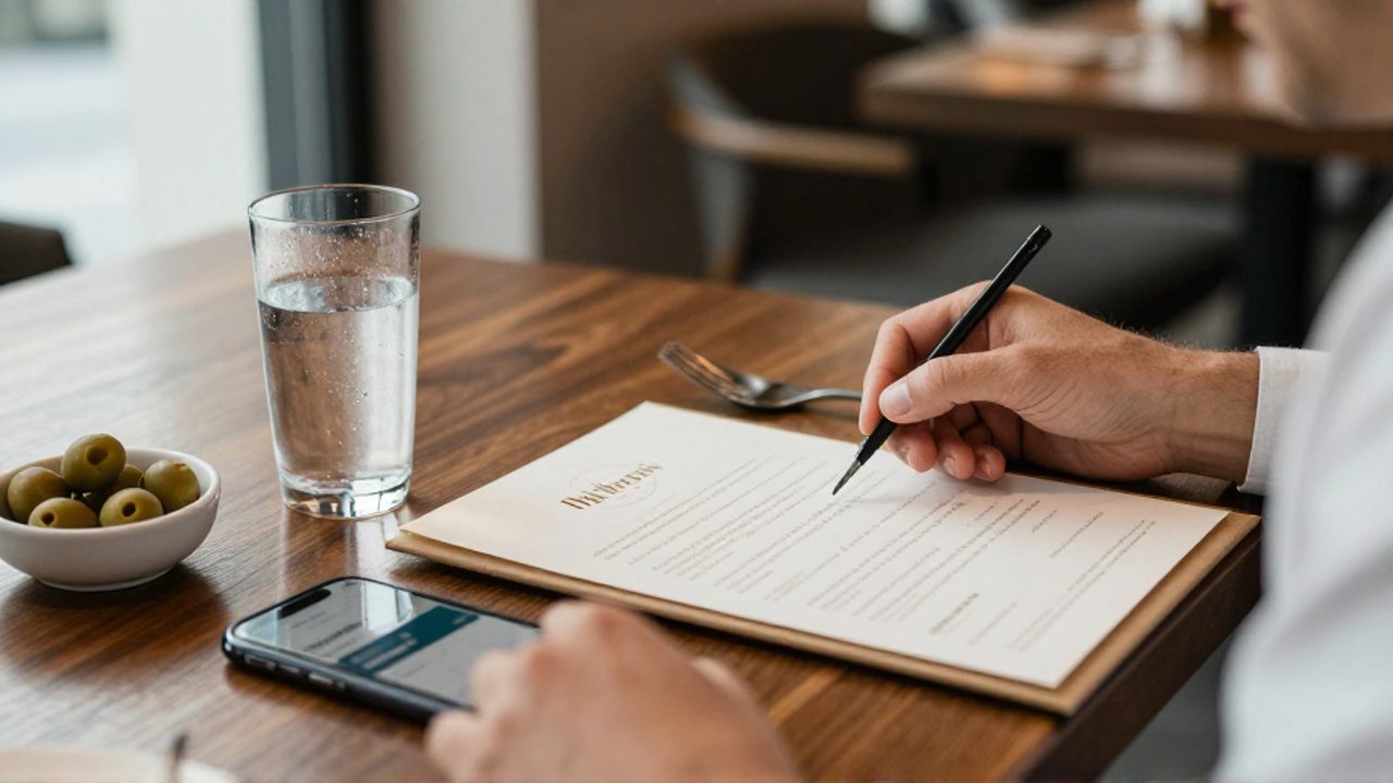 Manos de una persona revisando un menú en un restaurante junto a un vaso de agua y un celular con una aplicación bancaria abierta.