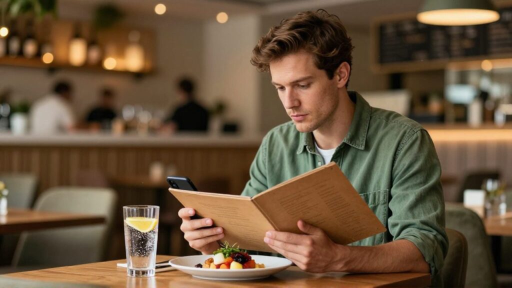 Joven sentado en un restaurante moderno consultando el menú en su móvil mientras disfruta de una comida sencilla.