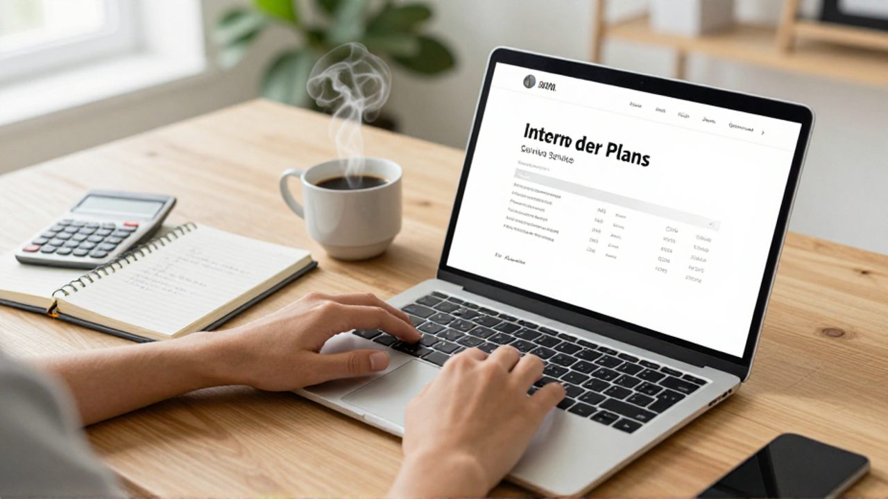 Manos de una persona comparando planes de internet en un ordenador portátil sobre un escritorio con un cuaderno y una calculadora.