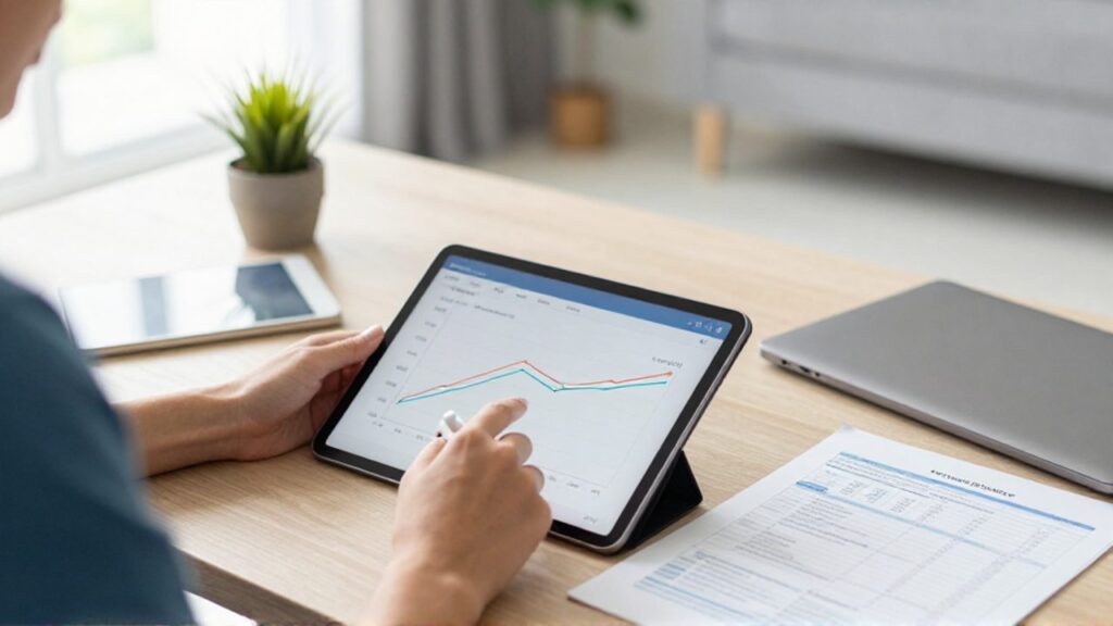 Manos revisando un gráfico de consumo de datos en una tableta junto a un presupuesto impreso sobre un escritorio ordenado.