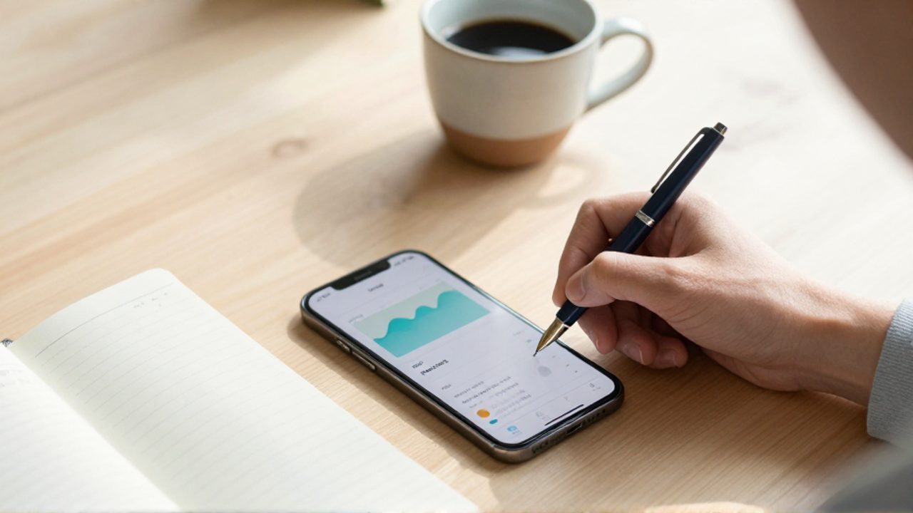 Persona anotando sus gastos diarios en un planificador de papel junto a un smartphone que muestra gráficos financieros sobre un escritorio de madera.