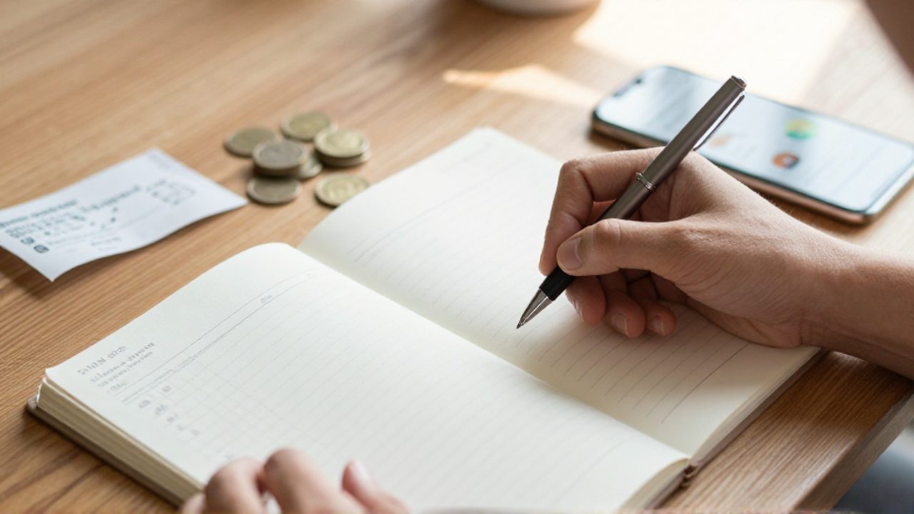 Una persona anota sus gastos en un cuaderno mientras consulta una aplicación de control financiero en su móvil sobre un escritorio de madera.