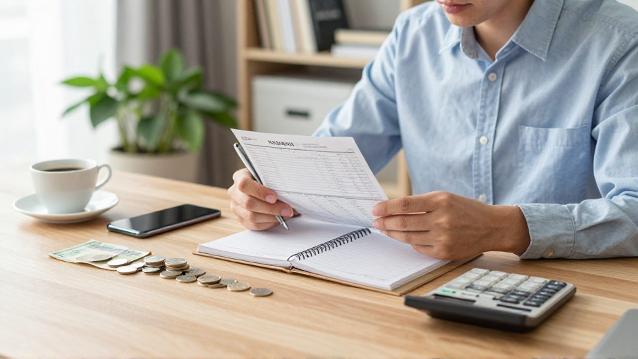 Persona sentada en un escritorio luminoso revisando su recibo de nómina y un planificador para organizar sus finanzas.