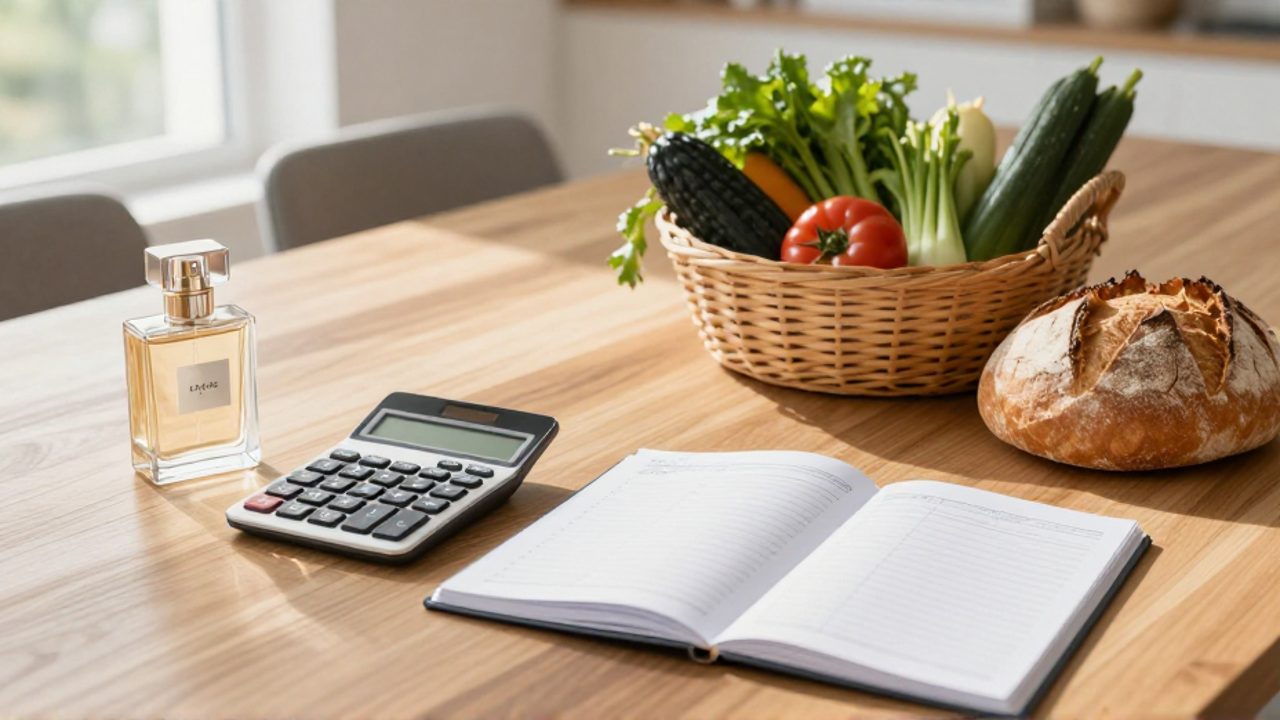 Un perfume y un dispositivo tecnológico junto a una cesta de verduras y pan artesanal sobre una mesa de madera, separados por una calculadora y una agenda de presupuesto.