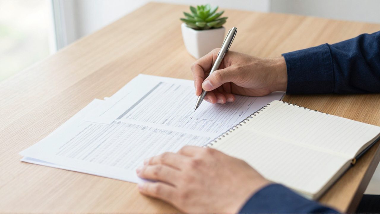 Persona organizando documentos financieros y anotando cifras en un cuaderno sobre un escritorio de madera para realizar una auditoría de sus deudas.